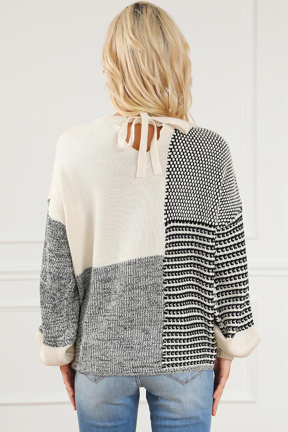 Black Neutral Colorblock Tie Back Sweater - L & M Kee, LLC