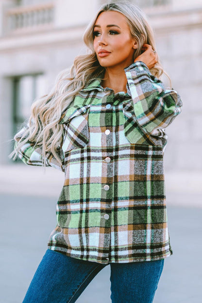 Geometric Plaid Print Pocketed Shacket - L & M Kee, LLC