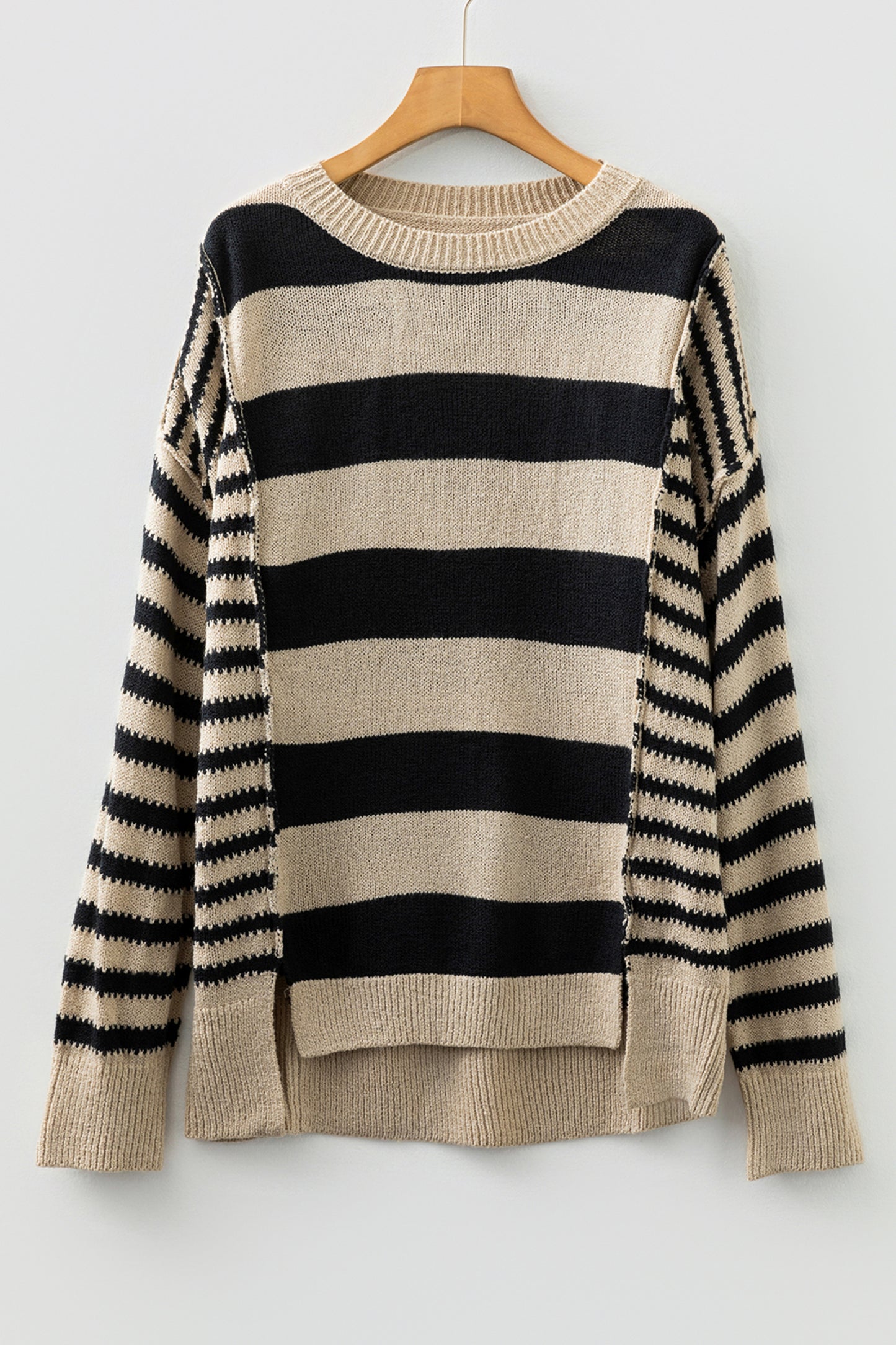 Brown Stripe Drop Shoulder Sleeve Patchwork Baggy Sweater