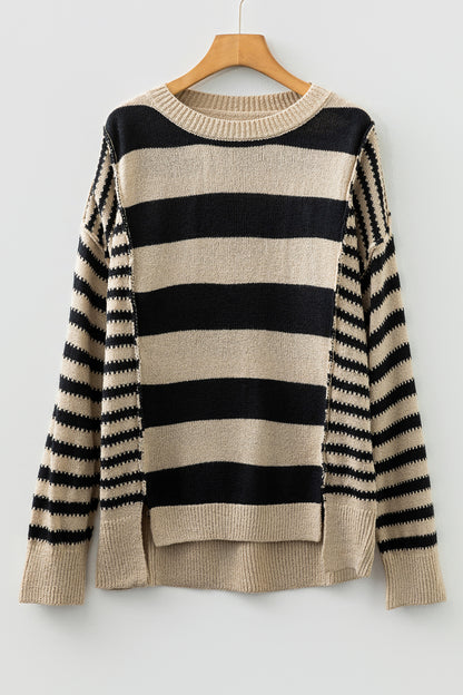 Brown Stripe Drop Shoulder Sleeve Patchwork Baggy Sweater