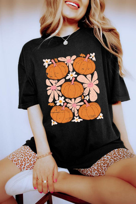 Black Pumpkin Flower Square Graphic Tee - L & M Kee, LLC