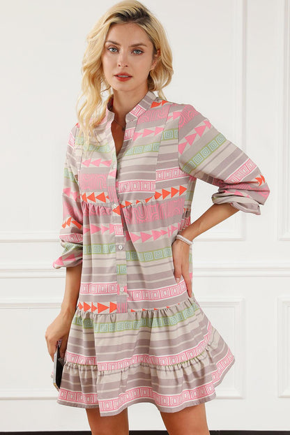 Multicolour Boho Print Puff Sleeve Buttoned Babydoll Dress - L & M Kee, LLC