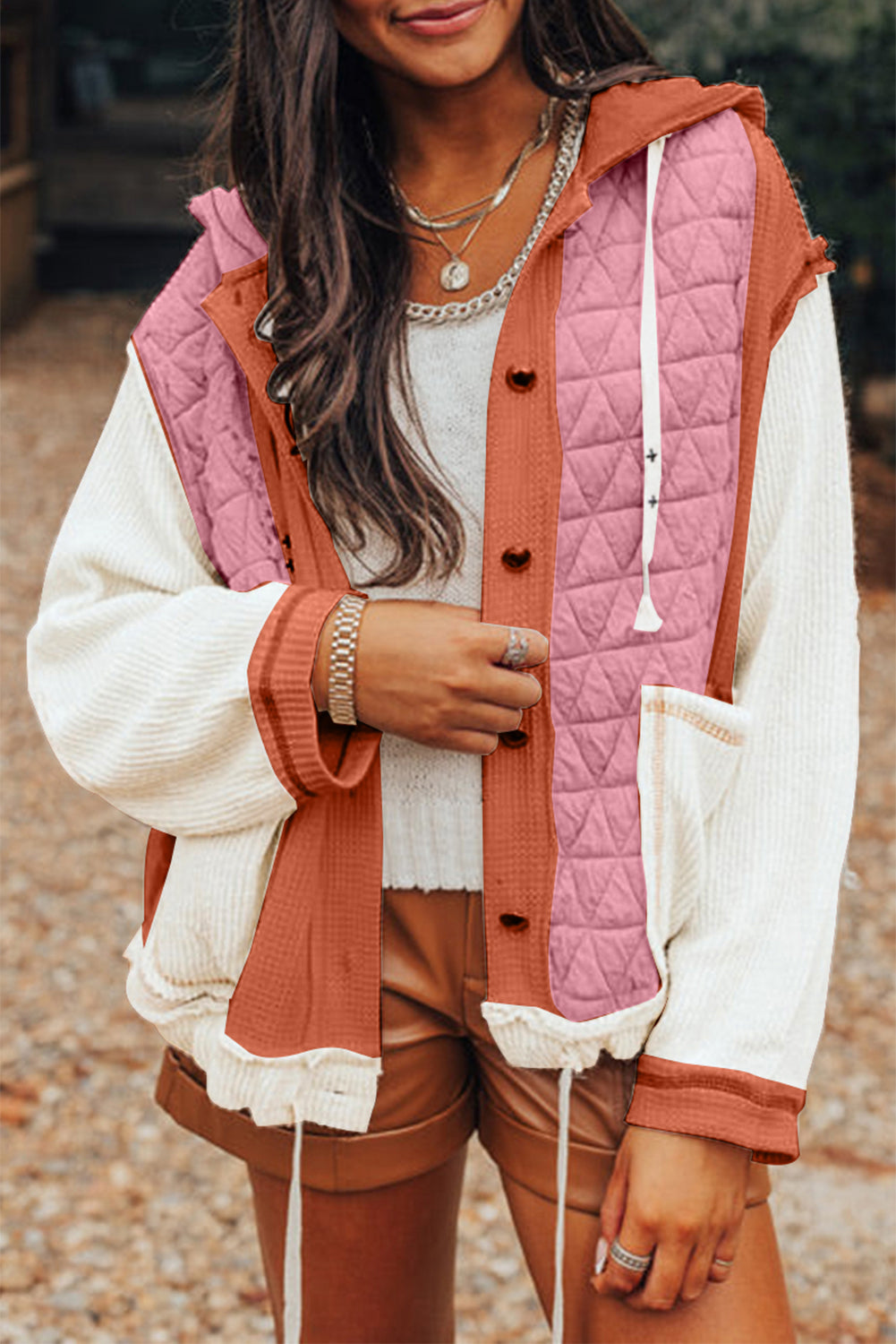 Beige Quilted Textured Patchwork Loose Fit Hooded Jacket