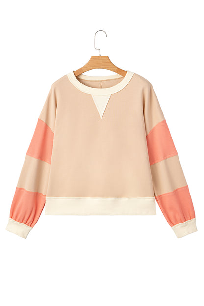 Light French Beige Color Block Textured Patchwork Pullover Sweatshirt