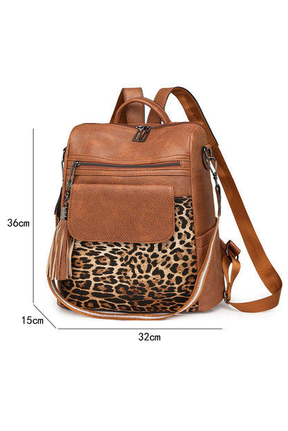 Coffee Leopard Patchwork PU Leather Functional Backpack