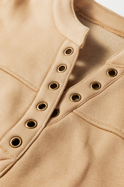 Light French Beige Grommet Detail V Neck Sweatshirt