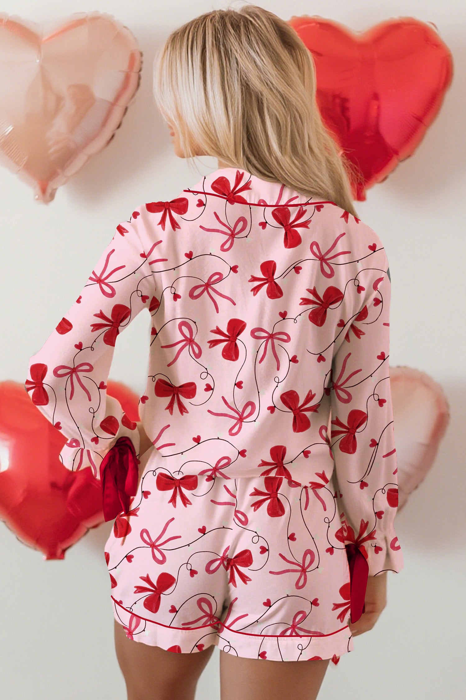 Red Bow Print Valentine Long Sleeve Shirt Shorts 2 Pcs Pajama Set