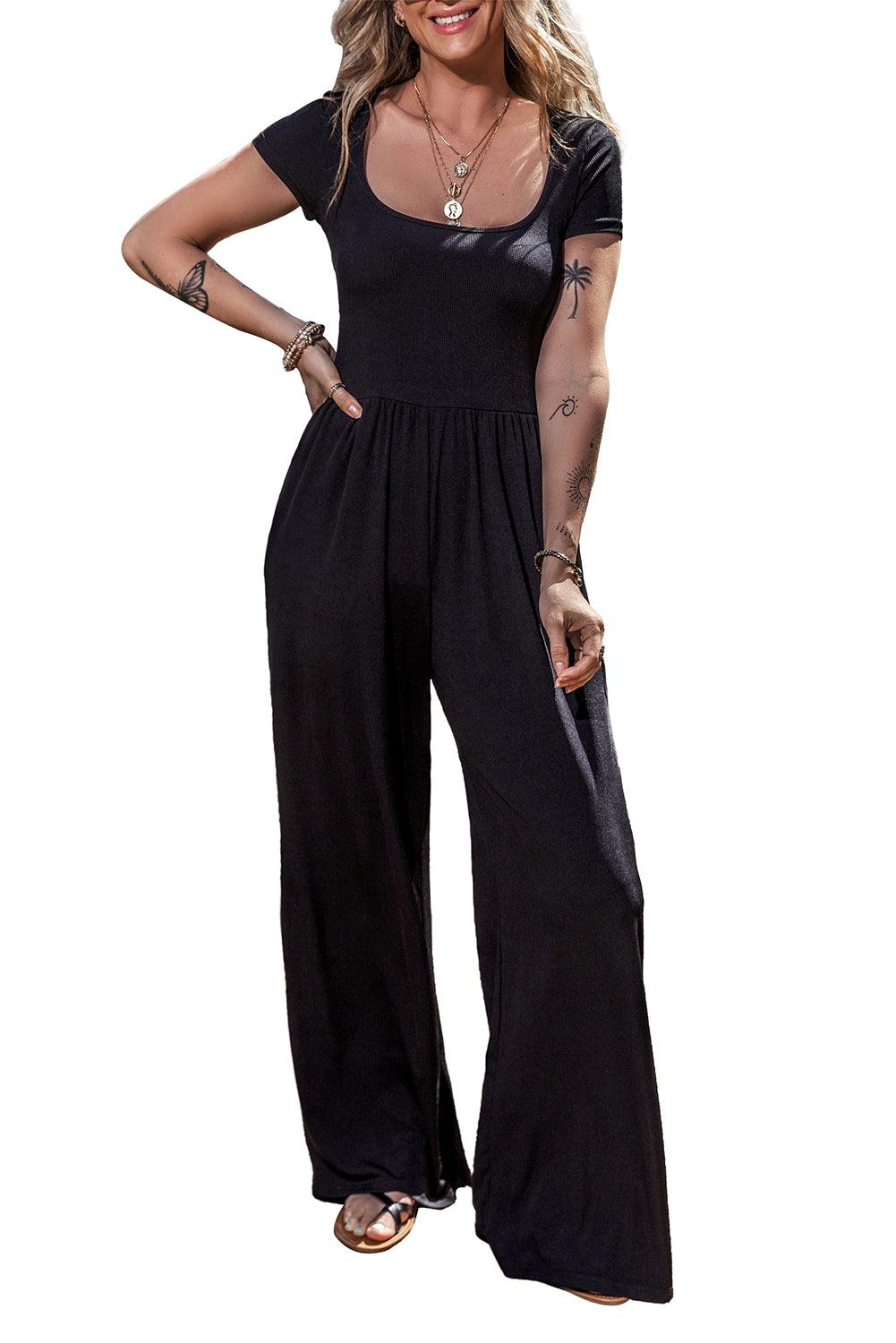 Black Pleated High Waist U Neck Short Sleeve Jumpsuit - L & M Kee, LLC