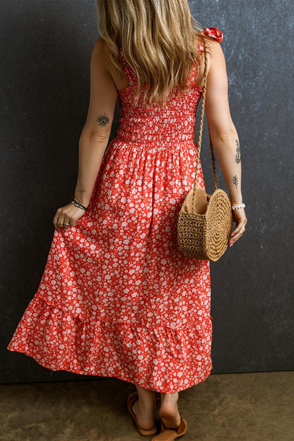 Red Boho Floral Self Tie Straps Smocked Bodice Long Dress - L & M Kee, LLC