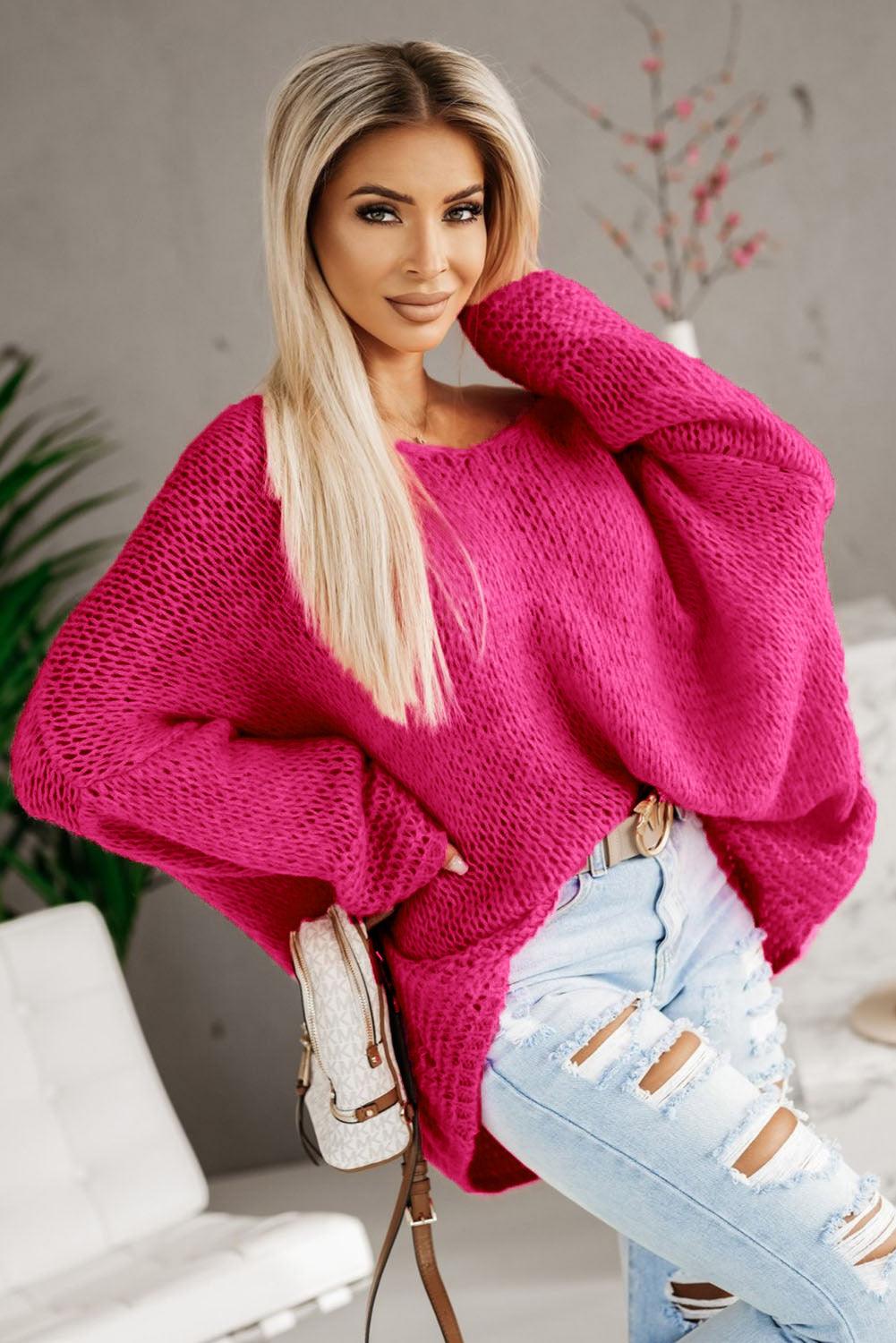 Rose Loose Knitted V Neck Sweater - L & M Kee, LLC