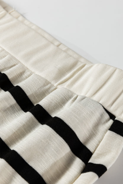 Black Stripe Ribbed Trim Button Cuff Long Sleeve Top Midi Skirt 2pcs Outfit