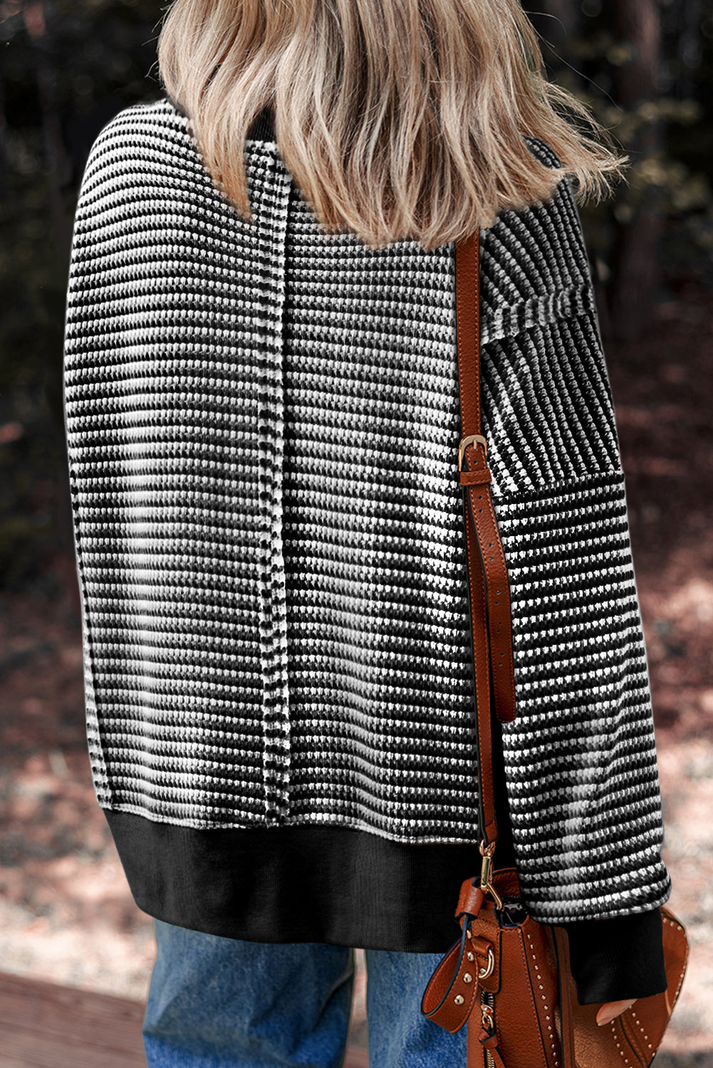 Black Stripe Ribbed Trim Drop Shoulder Long Sleeve Oversize Top