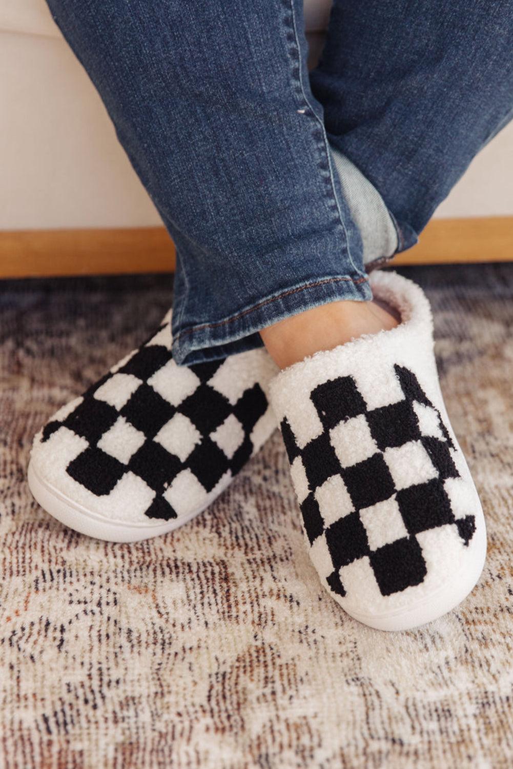 Black Checkered Print Fuzzy Slip On Winter Slippers - L & M Kee, LLC