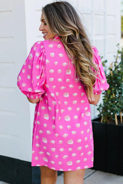 Bright Pink Printed Shirred Yoke Half Puff Sleeve Dress - L & M Kee, LLC