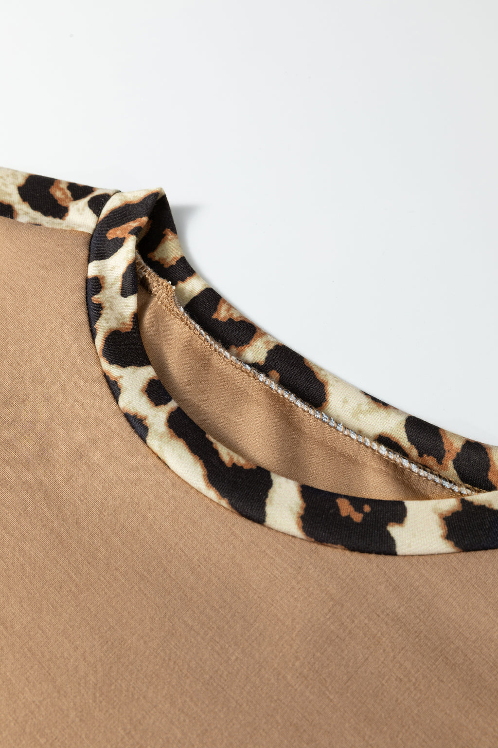 Light French Beige Leopard Trim Round Neck Loose T Shirt