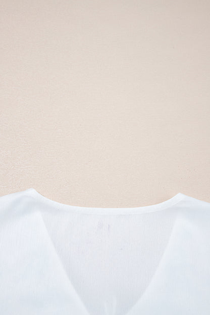 White Flower Lace-up V Neck Babydoll Blouse