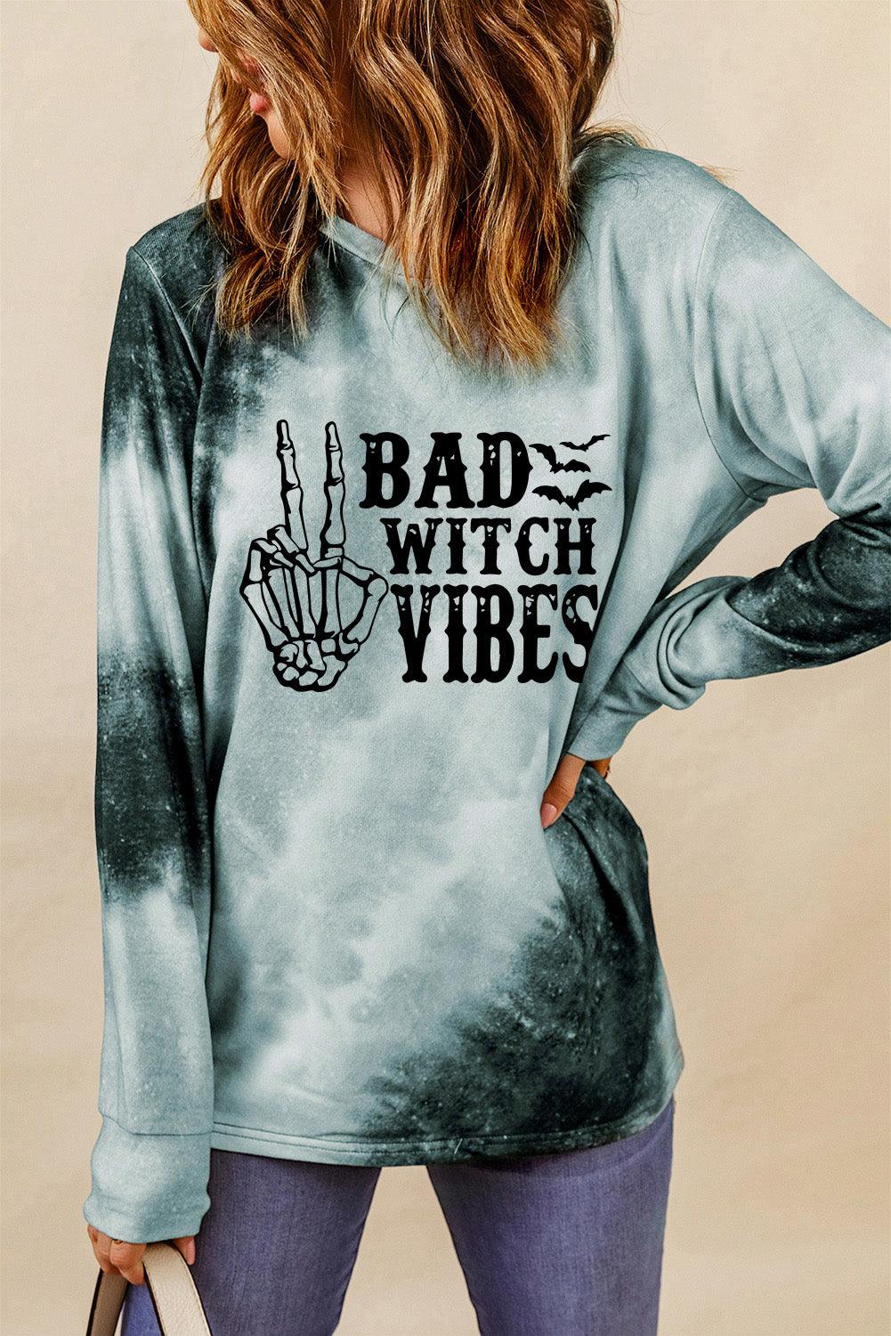 Gray Tie Dye BAD WITCH VIBES Graphic Long Sleeve Top - L & M Kee, LLC