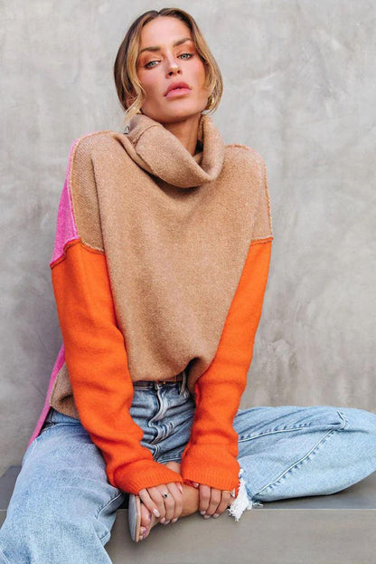 Khaki Color Block Turtle Neck Drop Shoulder Knit Sweater - L & M Kee, LLC