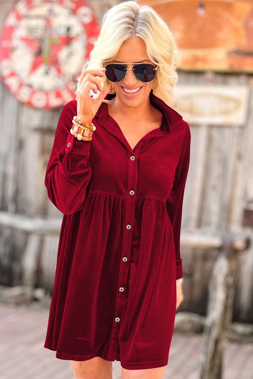 Rose Long Sleeve Ruffle Velvet Button Up Dress - L & M Kee, LLC