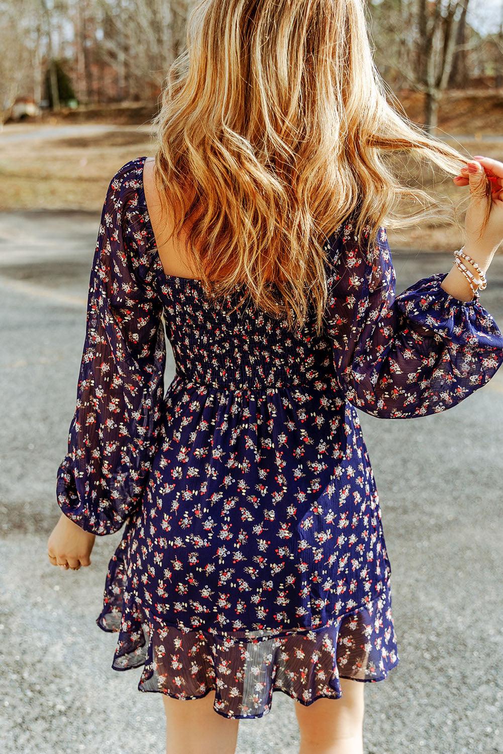 Blue Floral Print Smocked Square Neck Bubble Sleeve Dress - L & M Kee, LLC