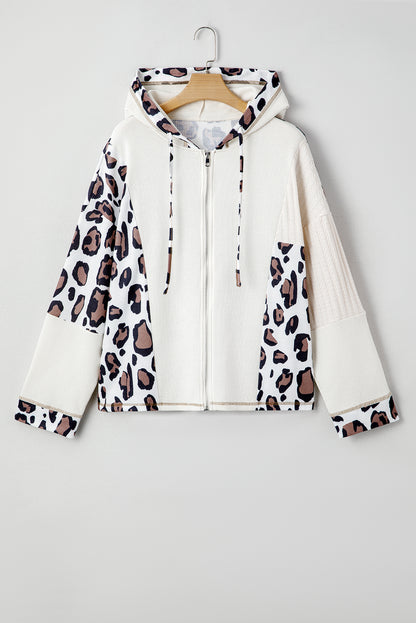 Apricot Oversized Leopard Contrast Mixed Texture Patchwork Zip Up Drop Shoulder Hoodie