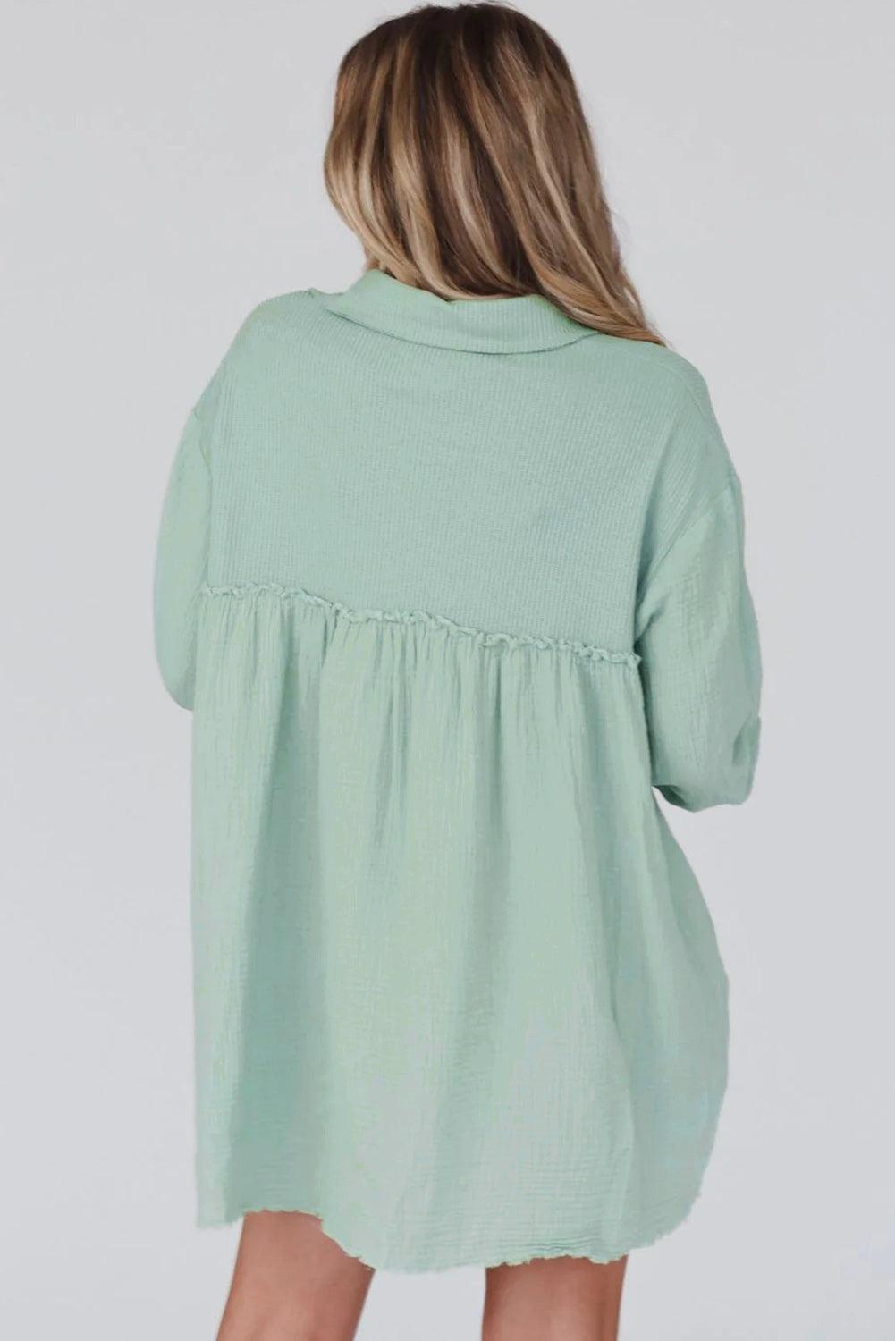 Green Patchwork Crinkle Puff Sleeve Shirt Dress - L & M Kee, LLC