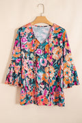 Black Floral 3/4 Flare Sleeve Tied V Neck Blouse