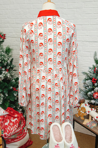 White Father Christmas Contrast Collar Button Front Long Sleeve A-line Mini Dress