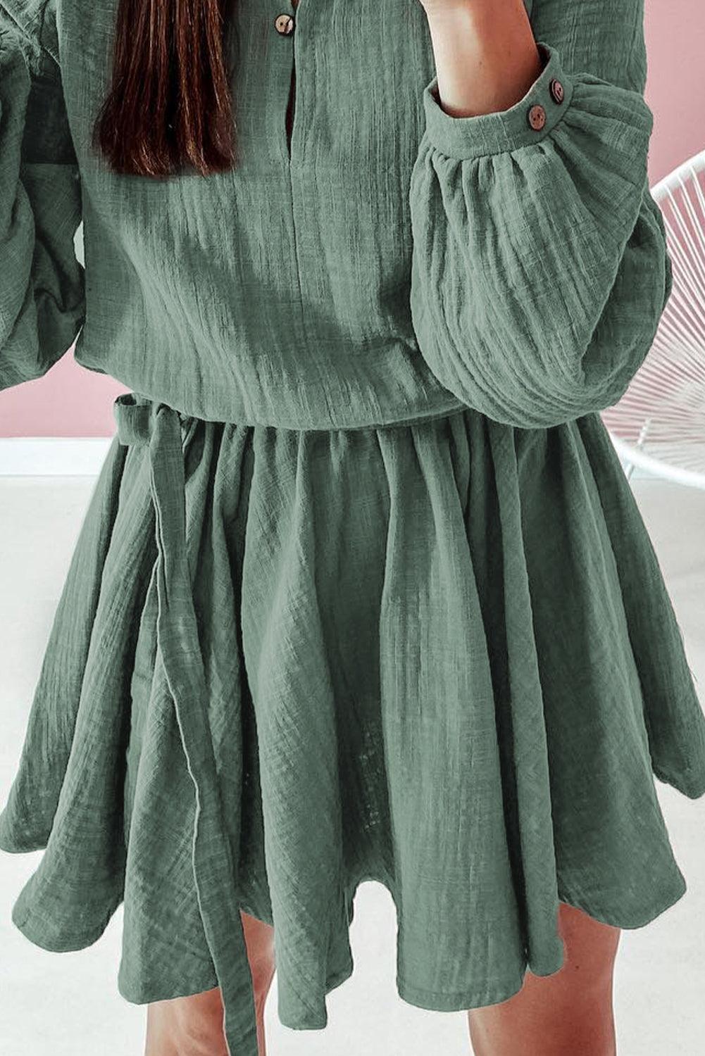 Pickle Green Button Neck Puff Sleeve Belted Pleated Mini Dress - L & M Kee, LLC