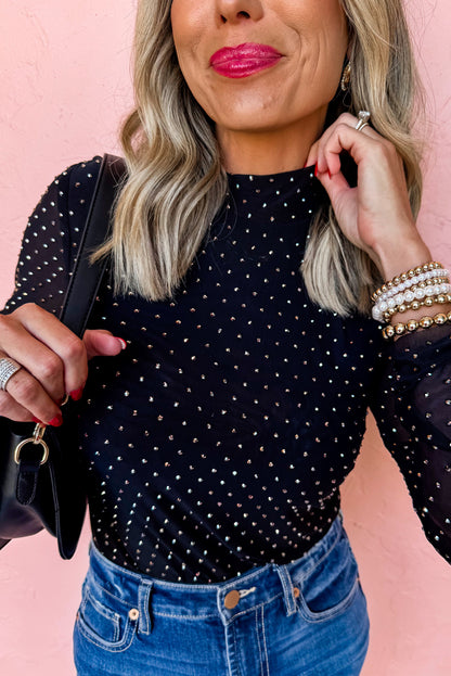 Black Rhinestone Embellished Mesh Long Sleeve Top