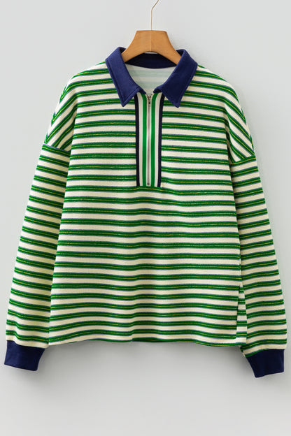 Dark Green Striped Print Contrast Collar Zip V Neck Long Sleeve Top