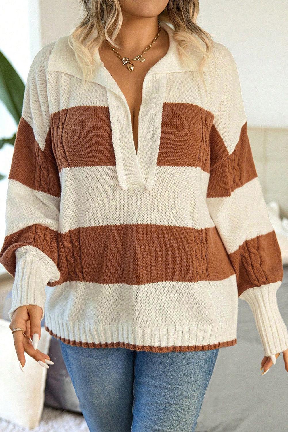 Stripes Collared Neck Corded Sweater - L & M Kee, LLC