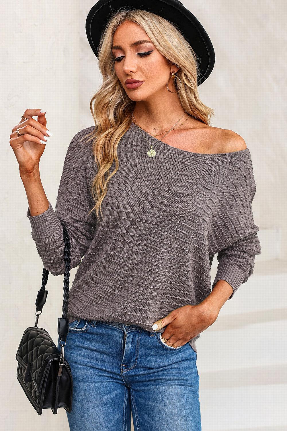 Gray Textured Knit Round Neck Dolman Sleeve Sweater - L & M Kee, LLC