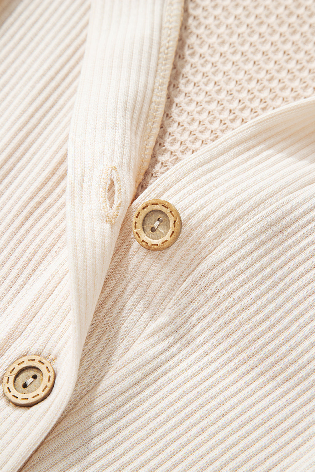 Oatmeal Waffle Patchwork Drop Shoulder Hooded Long Sleeve Top