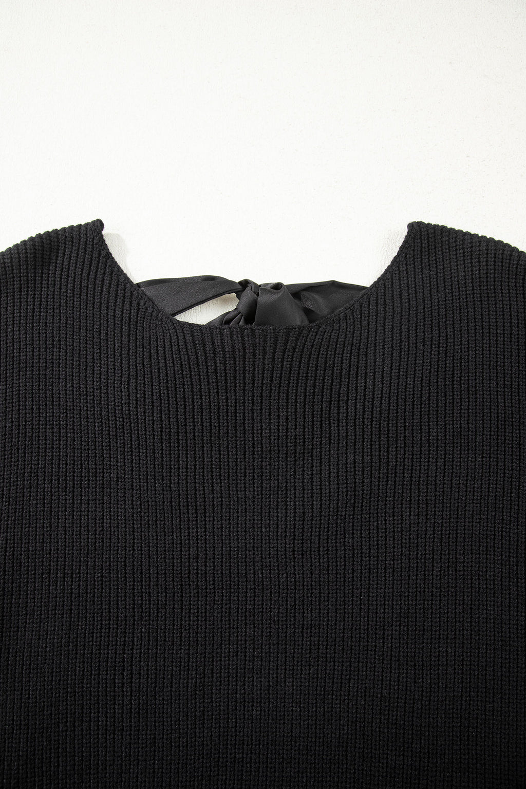 Black Ribbed Knit Ribbon Knot Backless Drop Shoulder Sweater