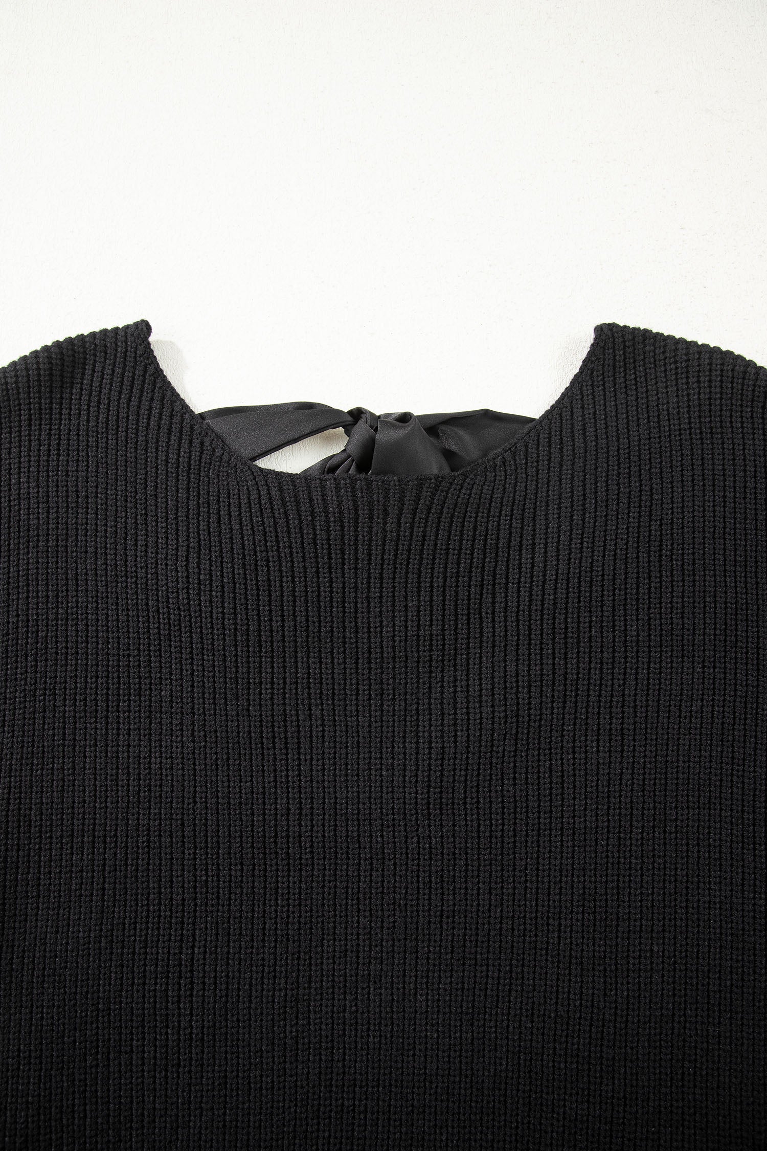 Black Ribbed Knit Ribbon Knot Backless Drop Shoulder Sweater