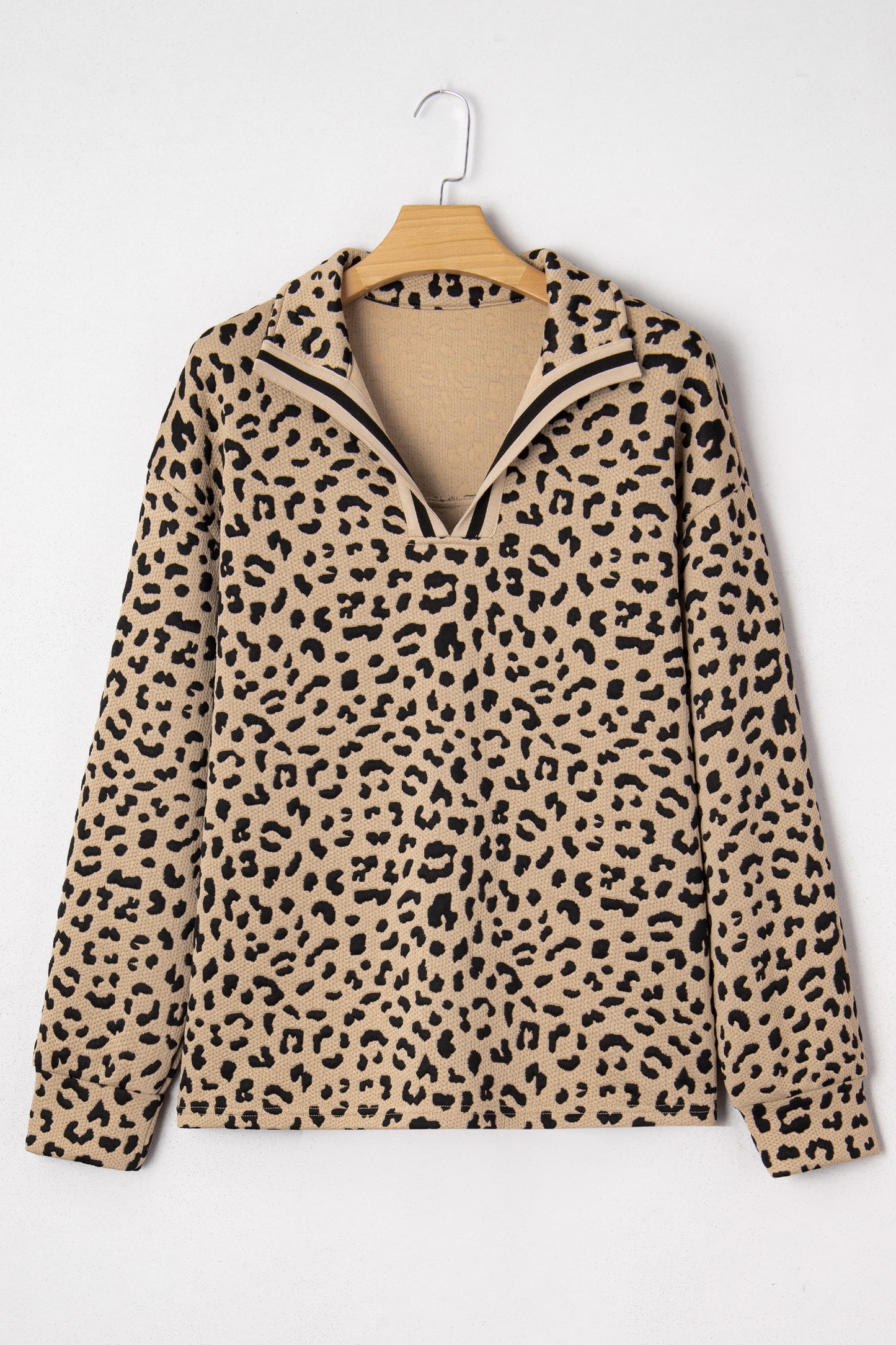 Parchment Leopard Polo Collar V Neck Pullover Top