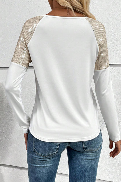 White Sequin Patch Chest Pocket Raglan Sleeve Top - L & M Kee, LLC