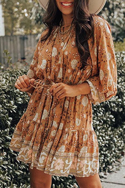 Camel 3/4 Sleeve Tie Waist Pleated Short Boho Floral Dress - L & M Kee, LLC