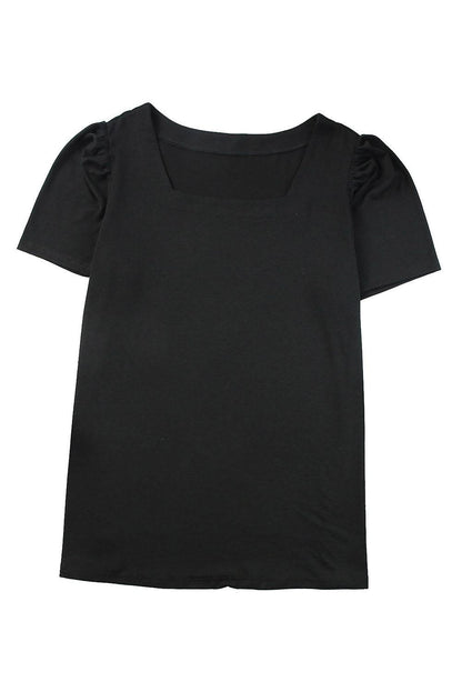 Black Plus Size Square Neck Ruched Shoulder Short Sleeve Top - L & M Kee, LLC