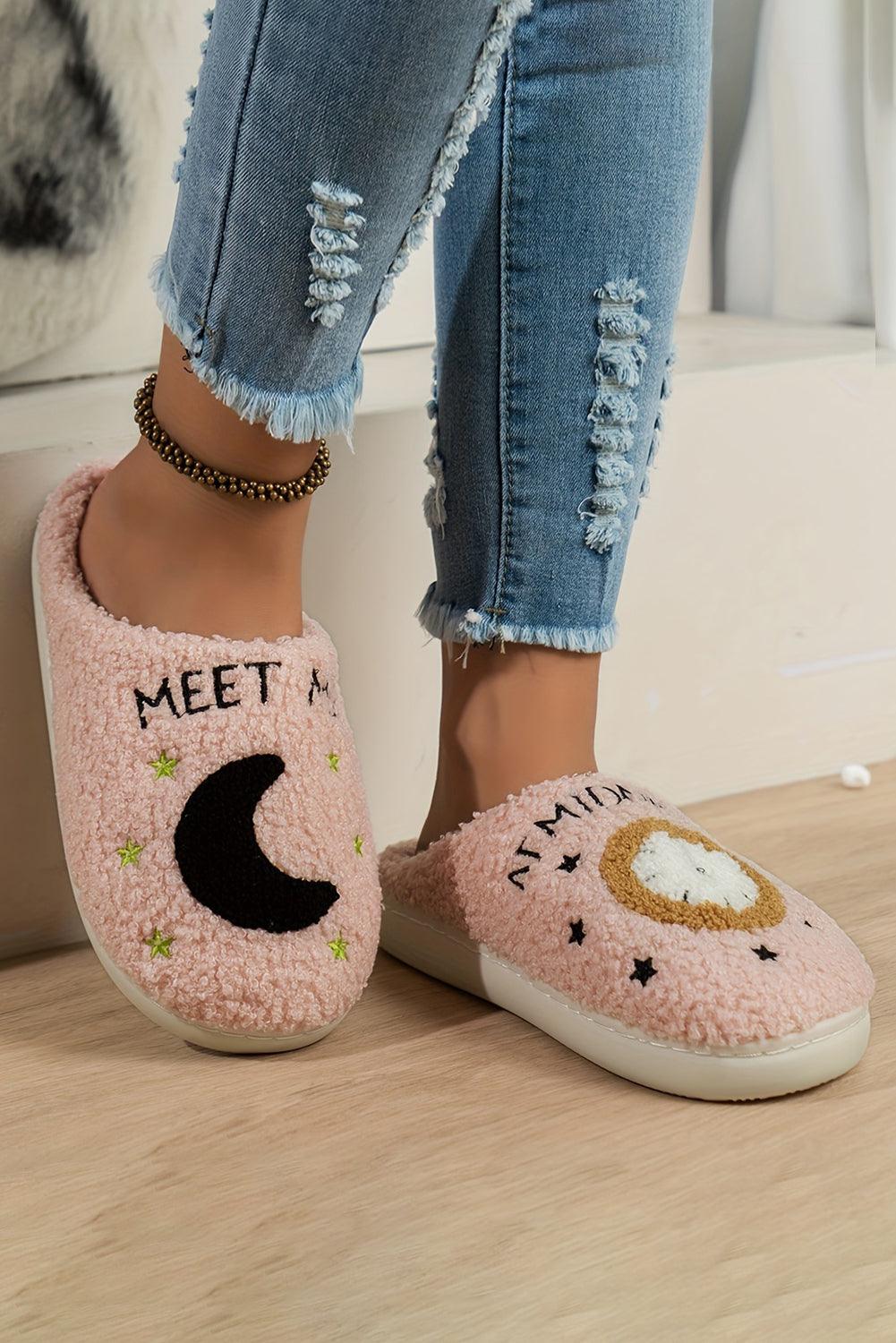 Light Pink Moon & Clock Pattern Fuzzy Home Slippers - L & M Kee, LLC