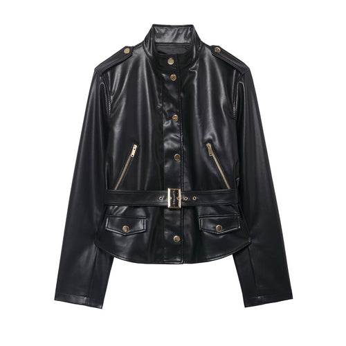 Jacket+high waisted faux leather flared pants