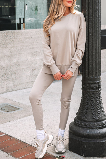 Jet Stream Solid Color Oversize Slit Sweatshirt Ribbed Leggings 2pcs Set