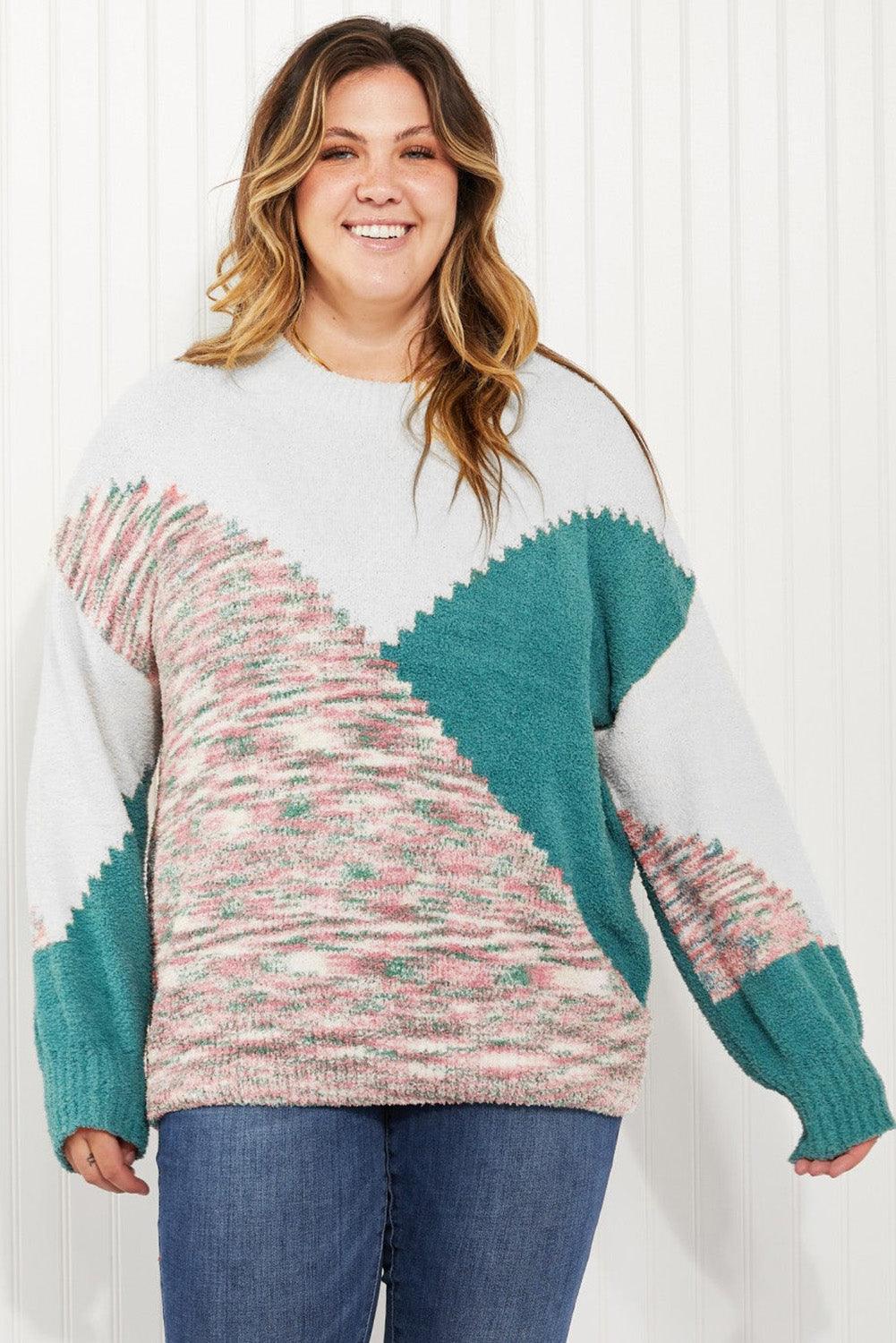 Multicolor Scalloped Color Block Plus Size Sweater - L & M Kee, LLC