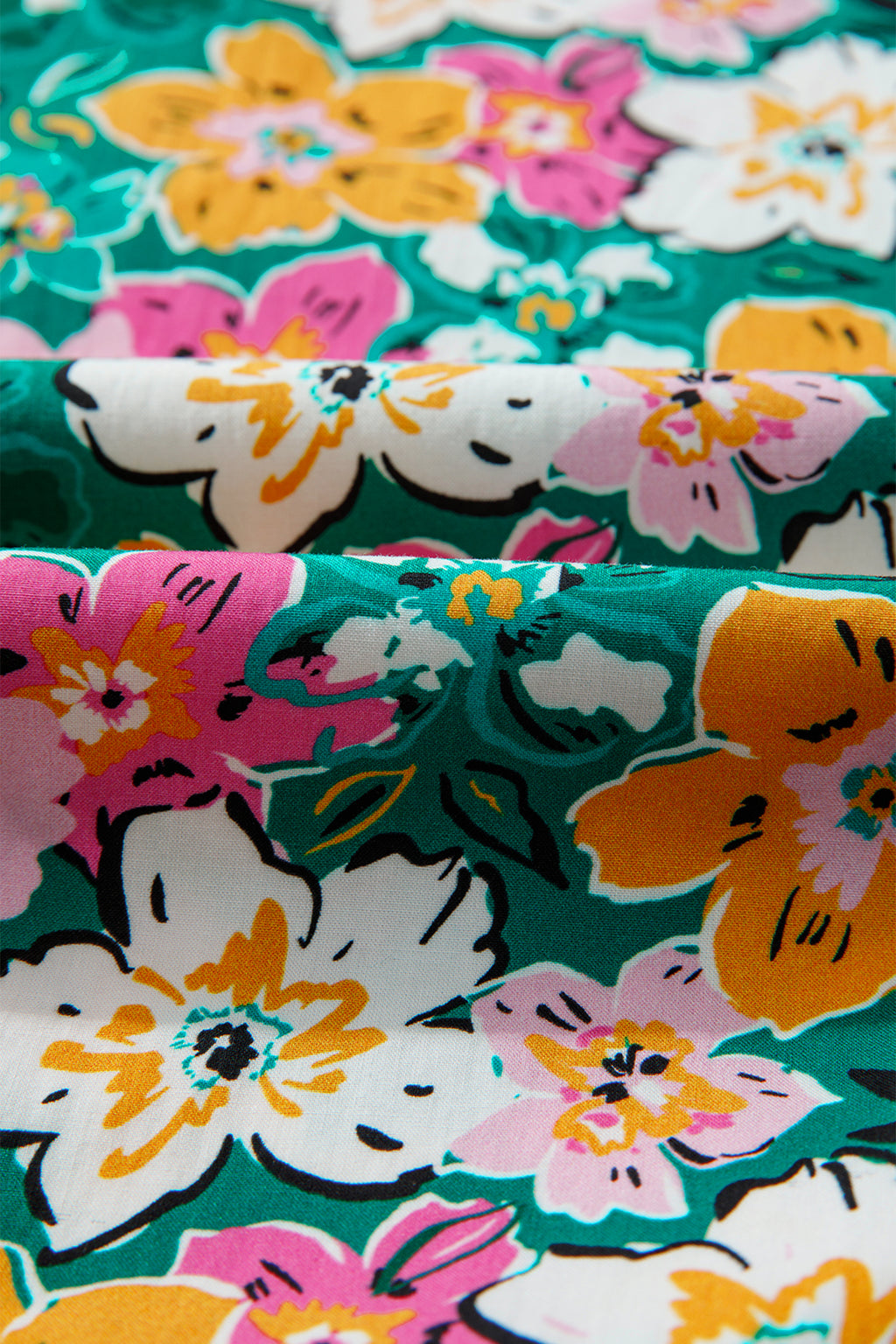 Green Floral Print Contrast Trim Frilled V Neck 3/4 Sleeve Blouse