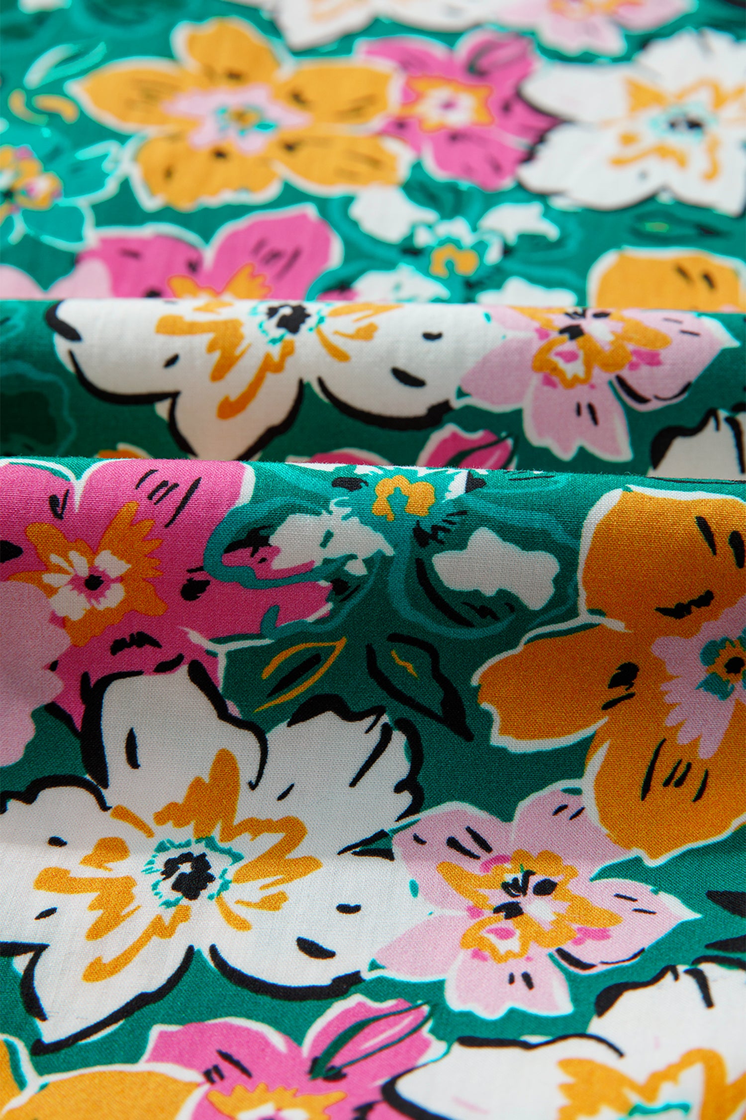 Green Floral Print Contrast Trim Frilled V Neck 3/4 Sleeve Blouse