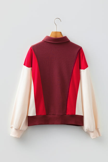 Fiery Red Color Block Patchwork Snap Button Oversize Hoodie