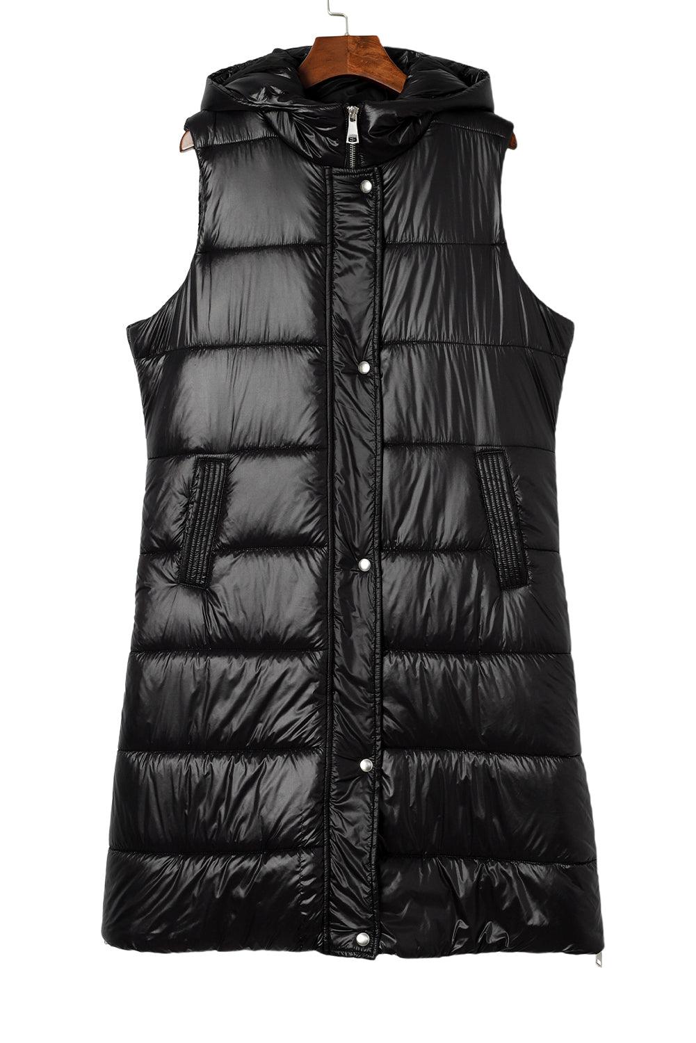 Black Hooded Long Quilted Vest Coat - L & M Kee, LLC