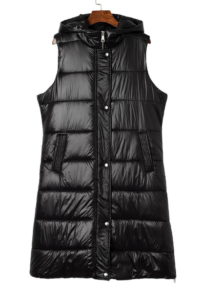 Black Hooded Long Quilted Vest Coat - L & M Kee, LLC