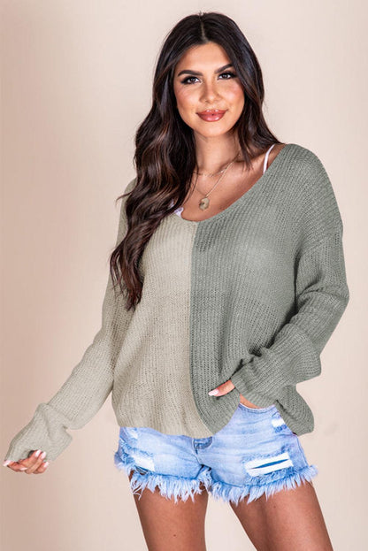 Long Sleeve V-Neck Colorblock Sweater - L & M Kee, LLC